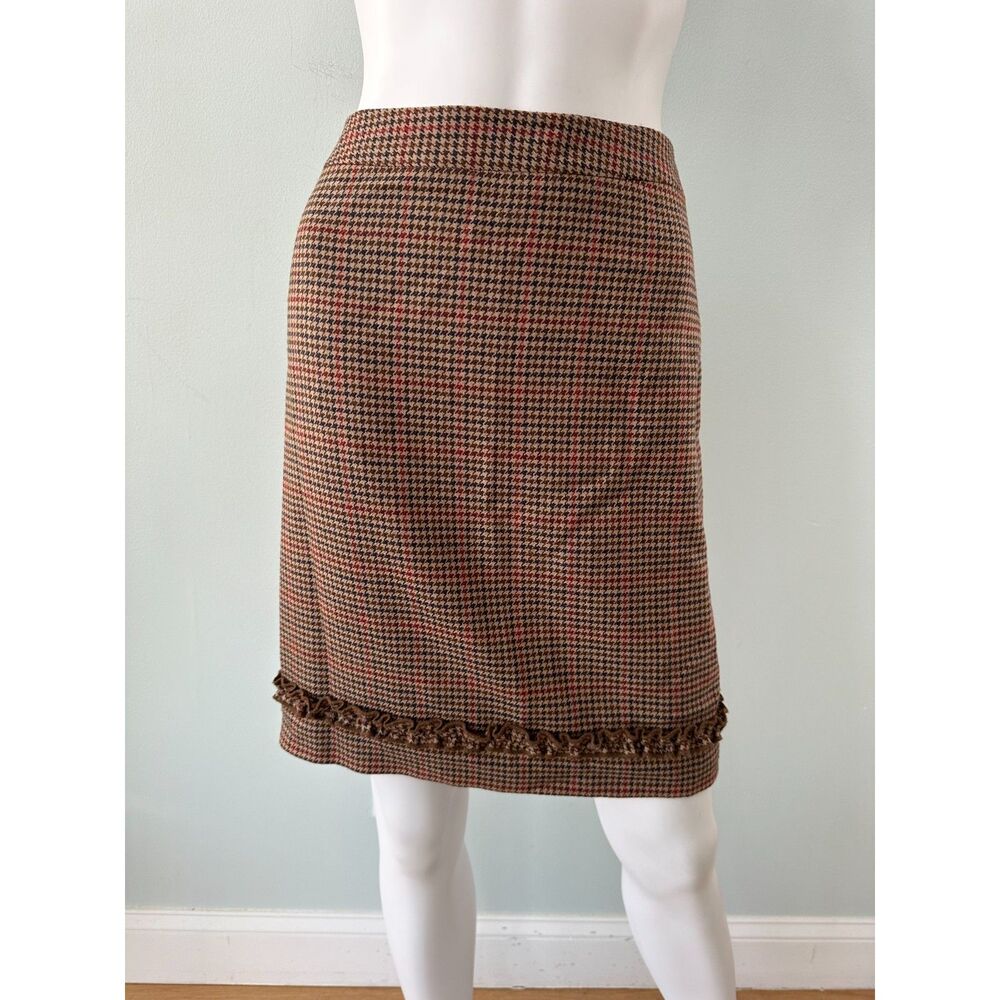 Vintage Classic Plaid Houndstooth Wool Skirt Brown Red Navy Check Ruffle size 4